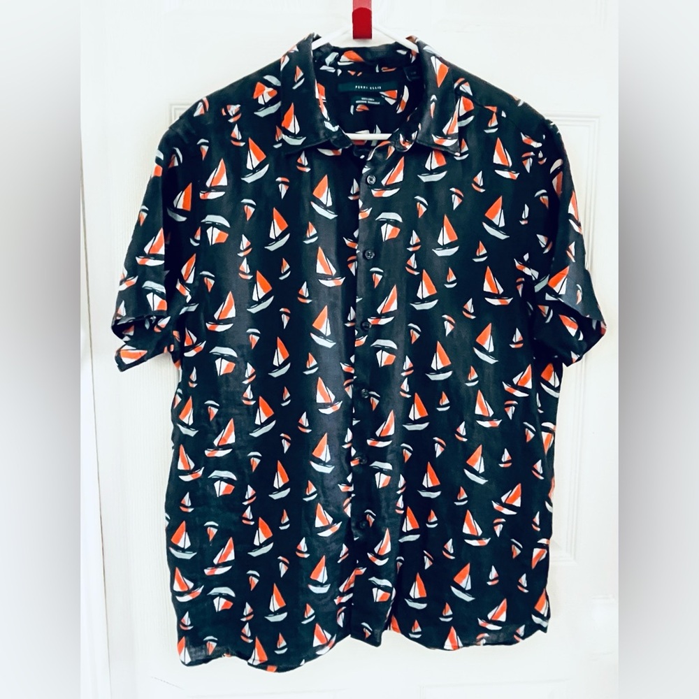 PERRY ELLIS Linen Blue/Orange‎ Men’s Short Sleeve Shirt Sz L/G